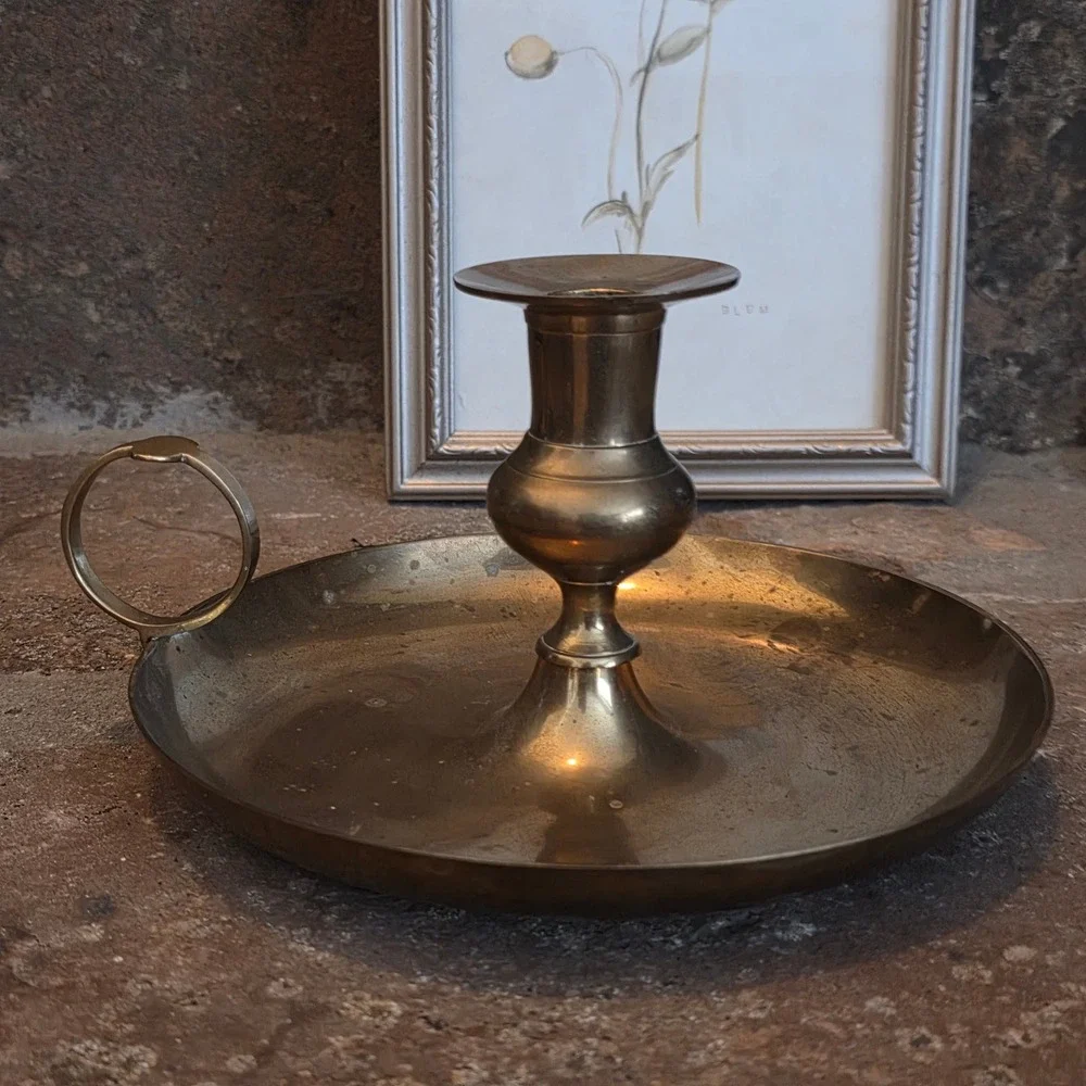 Vintage Brass Chamberstick Candle Holder Finger Loop Saucer Base Made in India